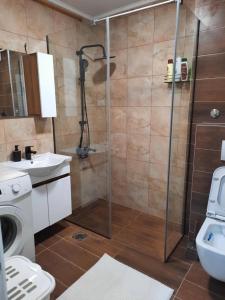 萨拉热窝Džoni的带淋浴、卫生间和盥洗盆的浴室
