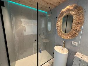 内坦亚zuma的带淋浴、盥洗盆和镜子的浴室