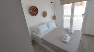 巴特斯欧Eolia luxury suites Andros的一间小卧室,配有床和窗户