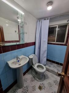 拉巴斯Hotel Express的一间带卫生间和水槽的浴室