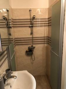 基什孔弗莱吉哈佐Móra apartman 3.的带淋浴和白色盥洗盆的浴室