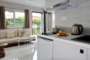 阿特米达Alekos Luxury Suites Free 24h Transportation From - To Airport的厨房以及带沙发和桌子的客厅。