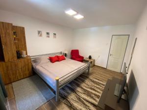 巴拉通马里亚弗都Eszter Apartman的一间卧室配有一张床和一张红色椅子