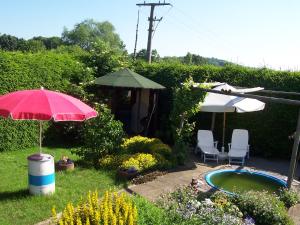 DriedorfFeWo Ruppel的花园设有热水浴池、遮阳伞和椅子。