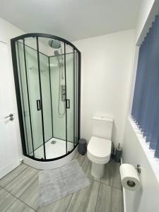 霍利Gatwick Deluxe En-suite Rooms的一间带卫生间和玻璃淋浴间的浴室