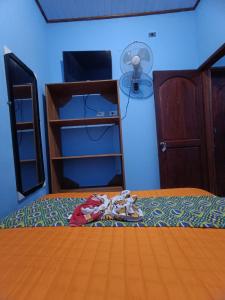莱蒂西亚Residencia Grecia的一间卧室配有一张带风扇和衣柜的床。