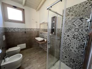 圣乔瓦尼-苏埃尔朱Domus Deiana Case Vacanza的带淋浴、卫生间和盥洗盆的浴室