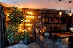 伦敦Heeton Concept Hotel – Luma Hammersmith的一间酒吧,里面放着两盆植物