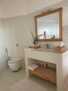 阿杭格默Lihinya Beach Villa Ahangama的一间带水槽、卫生间和镜子的浴室