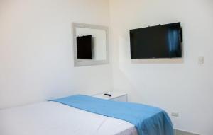 圣地亚哥洛斯卡巴3 BR apartment ciudad santiago de los caballeros的一间卧室配有一张床和一台平面电视