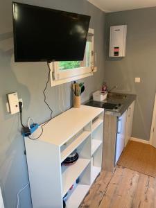 德累斯顿Tiny-Ferienwohnung Hellerau 2的一间小厨房,配有一张书桌和一台电视