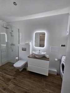 格但斯克Apartament w sercu Oliwy的白色的浴室设有水槽和卫生间。