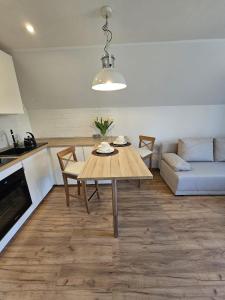 格但斯克Apartament w sercu Oliwy的厨房以及带桌子和沙发的客厅。