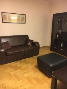 克拉科夫Apartament Alutka的客厅配有真皮沙发和搁脚凳