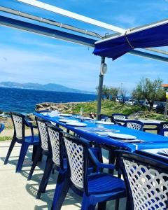 莱斯卡拉APARTAMENTO L'ESCALA的一张带椅子的蓝色桌子,享有海景