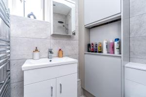 伦敦Modern Apartment in East London的白色的浴室设有水槽和镜子