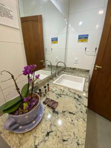 阿拉亚尔达茹达Pousada Arraial Charme的浴室设有水槽和花卉花瓶。