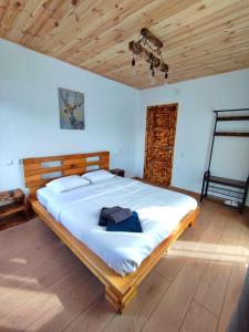 阿祖加Mountain Break Azuga的一间卧室设有一张带木制天花板的大床