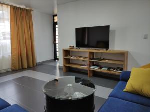 巴尼奥斯Elegante apartamento con vistas al volcán Tungurahua的客厅配有电视和蓝色沙发。