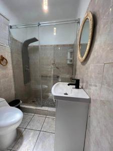 胡安娜迪亚斯Mi casa El Rincón的浴室配有卫生间、盥洗盆和淋浴。