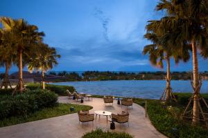 会安New World Hoiana Beach Resort的一座种有棕榈树和湖泊的庭院