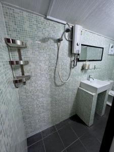 刁曼岛Swiss Cottage Tioman的带淋浴和盥洗盆的浴室