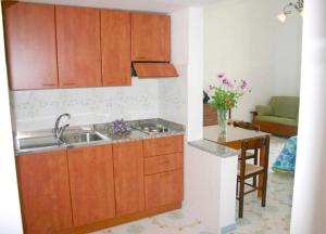 波西塔诺卢多维卡B型公寓的厨房配有木制橱柜、水槽和桌子