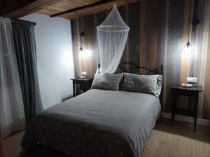 马拉加Casa Rural La ilusion的一间卧室配有一张带2个床头柜和2盏灯的床。