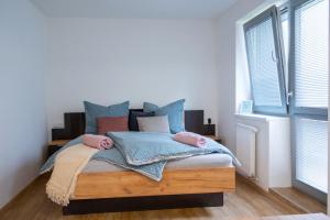 特日内茨Samoobslužné Apartmány Evičenstvo的一间卧室配有一张带蓝色枕头的床