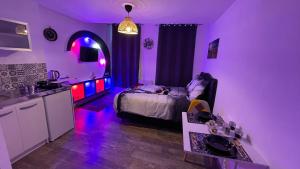 杜埃Le cocon du Nil jolie studio的紫色客房,配有一张床和紫色灯具的厨房