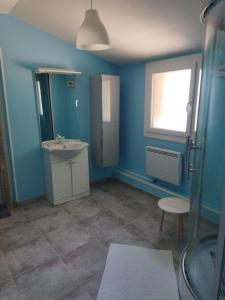 Châtillon-sur-BrouéLes Fortelles的蓝色的浴室设有水槽和淋浴