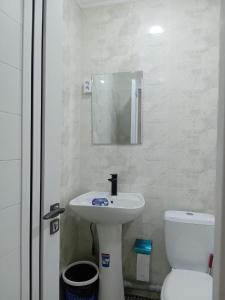 塔什干GUESTO HOSTEL的一间带水槽、卫生间和镜子的浴室