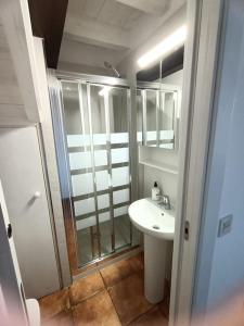 博迪利奈斯Pintularrama - Casa Rural en Póo de Llanes的一间带水槽和玻璃淋浴的浴室