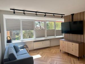 奈达Apartamentai KOPOS Nidoje的客厅配有蓝色的沙发和平面电视。