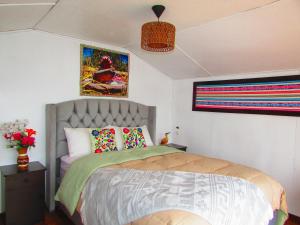 普诺Titicaca tikary's lodge的一间卧室配有一张床,墙上挂着一些图片
