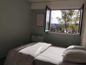 莱鲁斯Appartement les Rousses Bien situé的一间小卧室,配有床和窗户