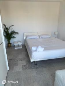 滨海卡涅Résidence Le Persepolis 50 m de la mer的卧室配有白色的床和盆栽植物