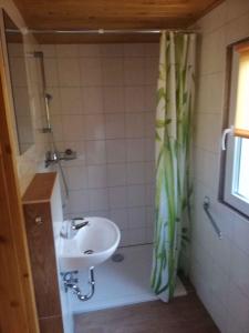 富伦多夫Holiday home Fuhlendorf 1的一间带水槽和淋浴帘的浴室