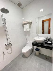 波来古市Hotel Hoàng My的白色的浴室设有卫生间和水槽。