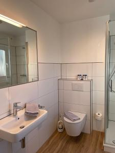 于斯德Wohnung Peper的一间带水槽、卫生间和镜子的浴室