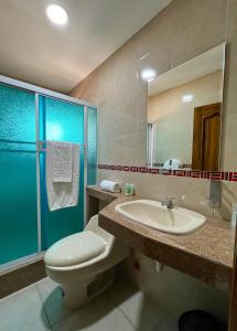 曼塔Apart Hotel Hamilton的浴室配有卫生间、盥洗盆和淋浴。