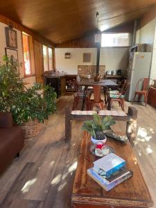 DiaguitaCasa campestre Valle del Elqui的一间带桌子的客厅和一间厨房