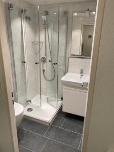 诺德奈Kaiserperle 114的带淋浴、卫生间和盥洗盆的浴室