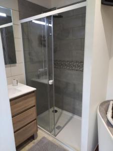 热拉梅Chambre d'hôtes LES BRIMBELLES的浴室里设有玻璃门淋浴