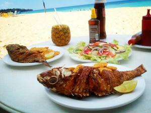 PayitaCasa Linda 10 mins from Beach-Lagoon的海滩上一张桌子,上面放着两盘食物