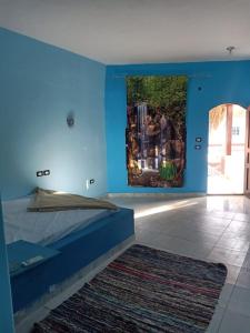 Nuweiba‘ el MuzeinahPalm Valley camp的一间拥有蓝色墙壁的卧室和一张铺有地毯的床