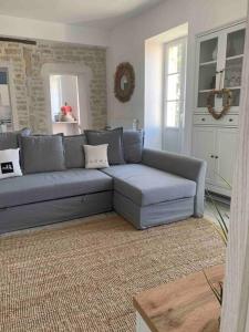 多勒Détente et vue exceptionnelle à L'appart' de Charles的客厅里一张蓝色的沙发,铺着地毯