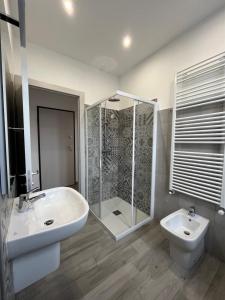 伊夫雷亚Appartamenti Dora Baltea的一间带水槽、淋浴和卫生间的浴室