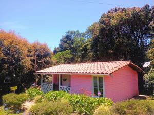 圣埃伦娜Hospedaje Santaelena -chalets de montaña-的一间红色屋顶的粉红色小房子