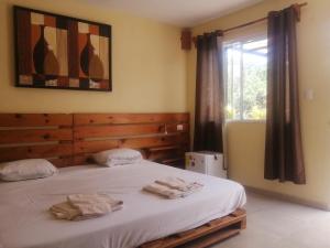 梅里达奎萨尔旅馆的一间卧室配有一张床,上面有两条毛巾